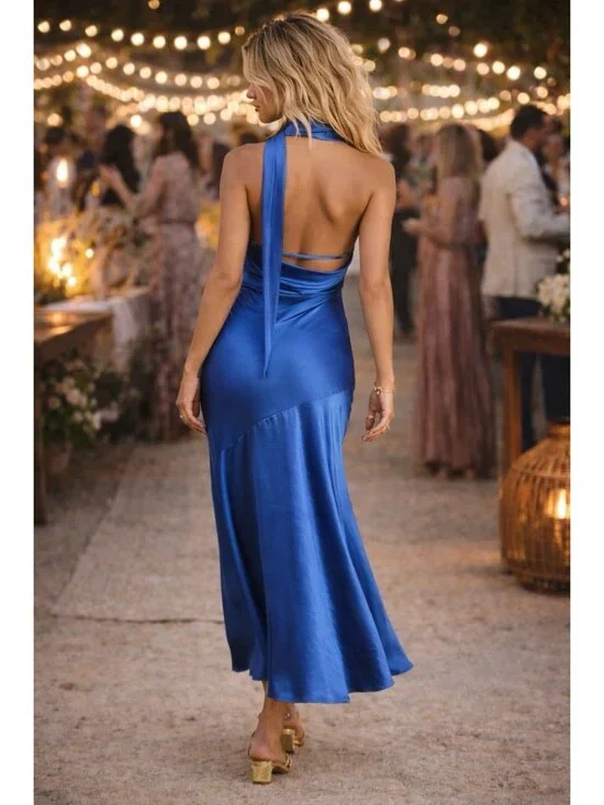 Lulus Womens Reglan Sash Midi Dress Sz Medium Blue Satin One Shoulder Low Back - Picture 2 of 8